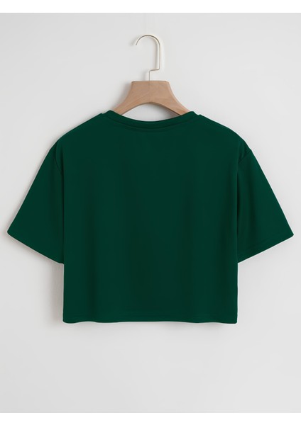 Kadın Oversize Bisiklet Yaka Düz Crop T-Shirt - Yeşil