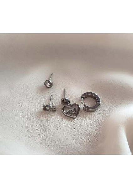 Küpe 4 Lü Set Kararmaz Çelik 316L Lüks Küpe Love Kalp Renk Gri Taşlı Küpe fiyatları
