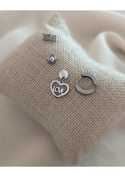 Küpe 4 Lü Set Kararmaz Çelik 316L Lüks Küpe Love Kalp Renk Gri Taşlı Küpe modelleri
