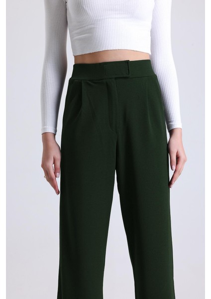 Kadın Wide Leg Likralı Cırt Kapamalı Lastikli Palazzo Pantolon - Haki fiyatları