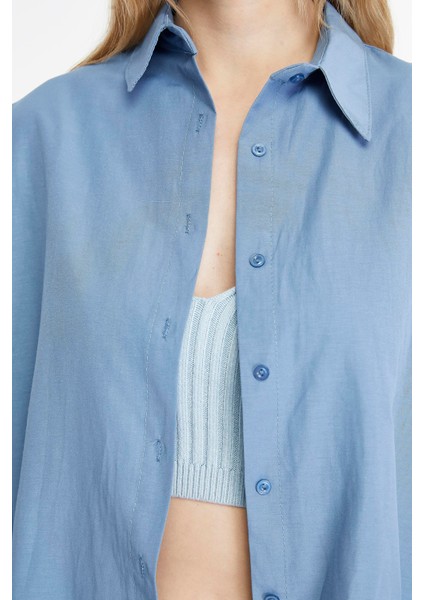 Kadın Oversize Uzun Basic Gömlek - Indigo fırsatları