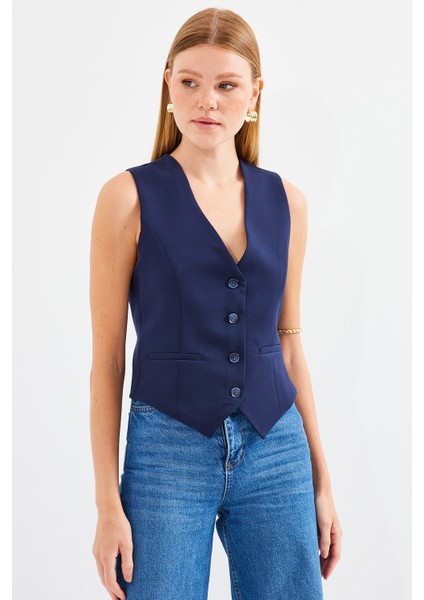 6796 Kısa Dokuma Yelek - Lacivert fırsatları