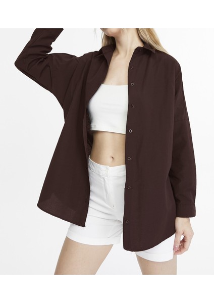 Kadın Oversize Uzun Basic Gömlek - Kahverengi fiyatları