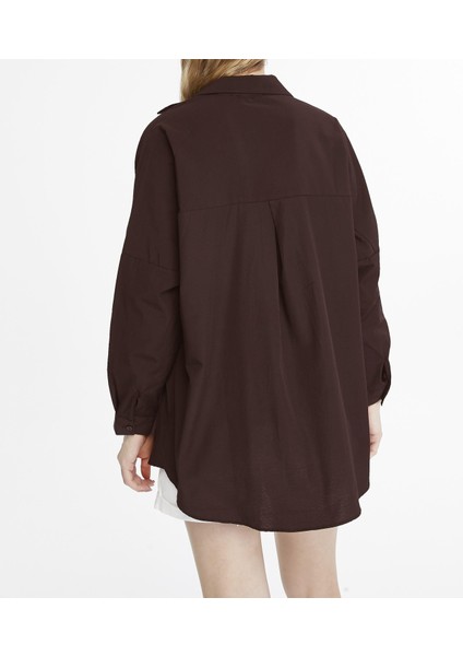 Kadın Oversize Uzun Basic Gömlek - Kahverengi modelleri