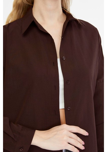 Kadın Oversize Uzun Basic Gömlek - Kahverengi fırsatları
