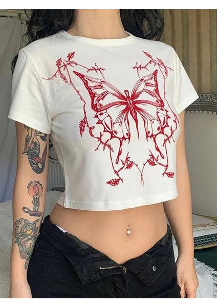 Kelebek Baskılı Beyaz Crop Tshirt L - Beyaz
