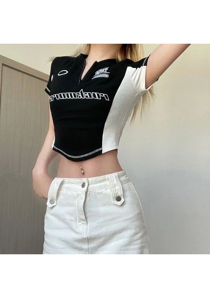 Y2K Rock More Zip Fermuarlı Siyah Crop S - Siyah