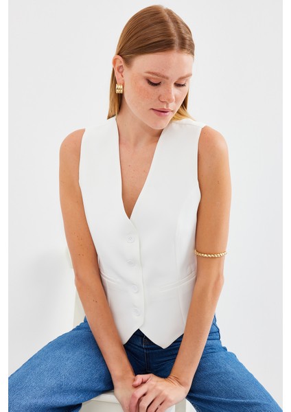 6796 Kısa Dokuma Yelek - Ekru fırsatları