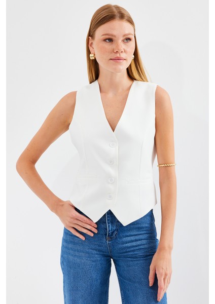 6796 Kısa Dokuma Yelek - Ekru indirimleri