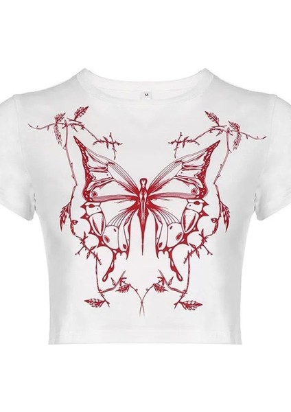Kelebek Baskılı Beyaz Crop Tshirt S - Siyah modelleri
