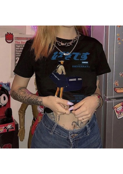 Harajuku Anime Baskılı Siyah Crop Tshirt L