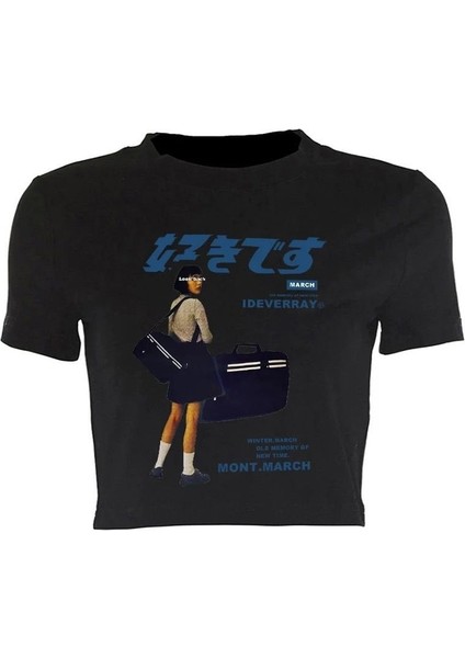 Harajuku Anime Baskılı Siyah Crop Tshirt L fiyatları