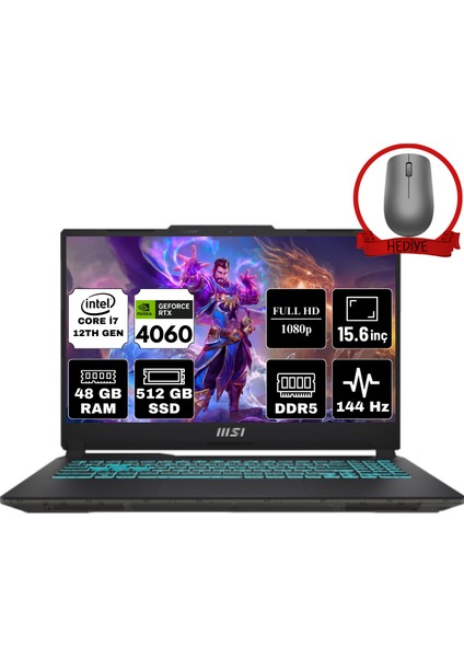 Msı Cyborg 15 Intel Core I7 12650H 48GB 512GB SSD RTX4060/8GB 15.6" Fhd 144Hz Fdos Taşınabilir Bilgisayar A12VF-675XTR-A12 & Anzar Mouse