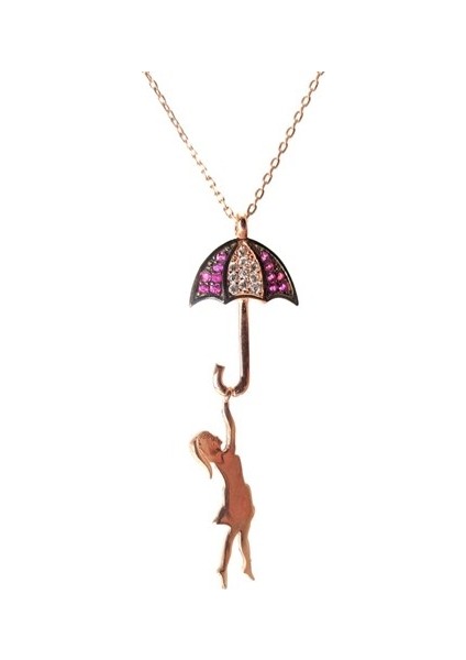 Şemsiyeye Tutunan Kadın Bayan Gümüş Kolye