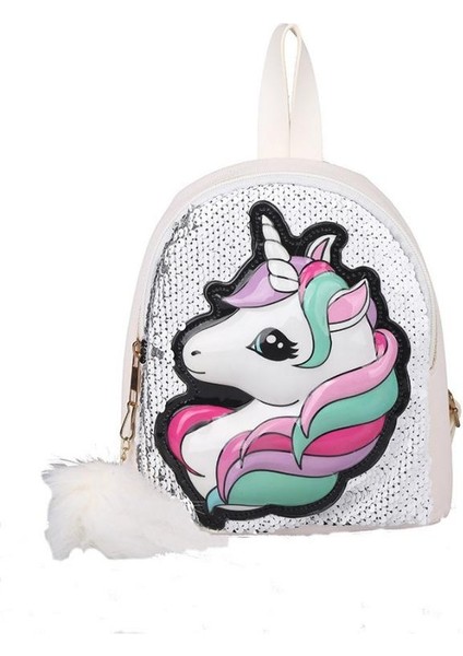 Kız Çocuk Unicorn Işıklı Pullu Ponponlu Sırt Çantası
