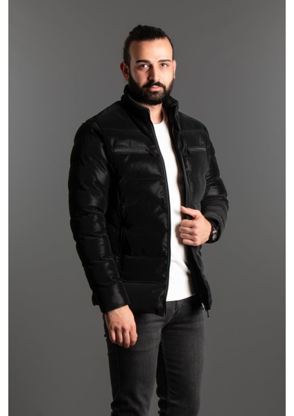 Erkek Siyah Dik Yaka Deri Mont Slim Fit Tasarım Su İtici 2024 İlkbahar Yaz