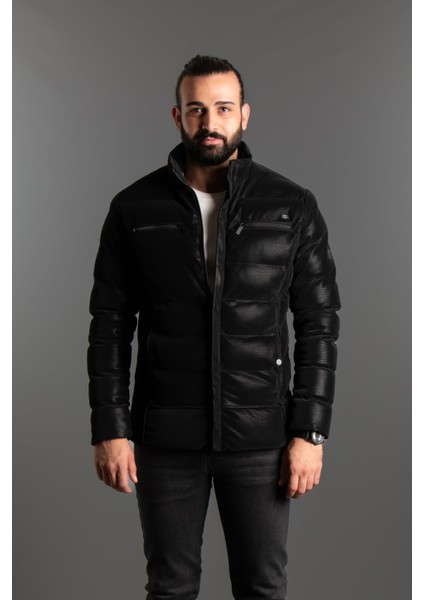 Erkek Siyah Dik Yaka Deri Mont Slim Fit Tasarım Su İtici 2024 İlkbahar Yaz modelleri