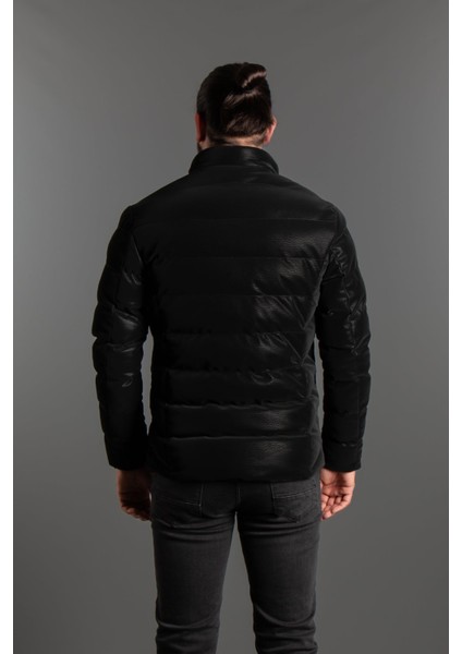 Erkek Siyah Dik Yaka Deri Mont Slim Fit Tasarım Su İtici 2024 İlkbahar Yaz indirimleri