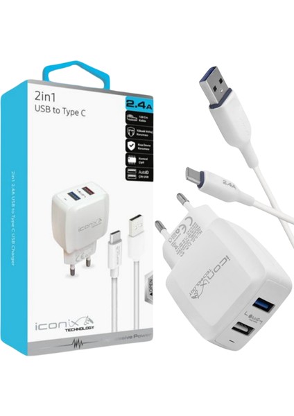 Ev Tipi 2.4A 2in1 Usb/type-C Çift Girişli Şarj Cihazı