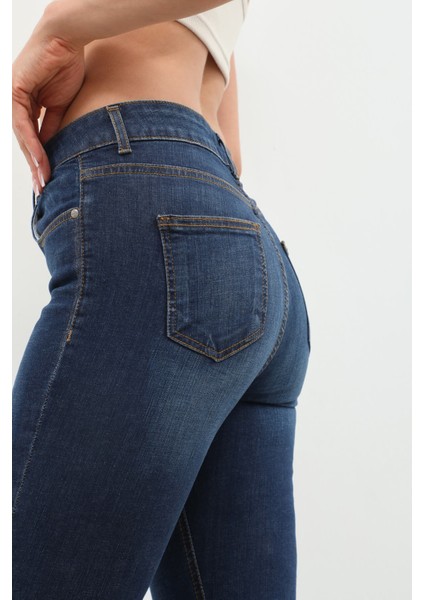 Kadın Yüksek Bel Skinny Jean Pantolon Koyu Mavi