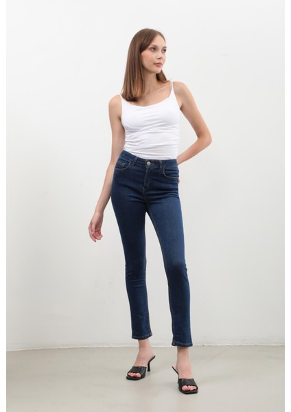 Kadın Yüksek Bel Skinny Jean Pantolon Koyu Mavi