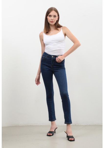 Kadın Yüksek Bel Skinny Jean Pantolon Koyu Mavi