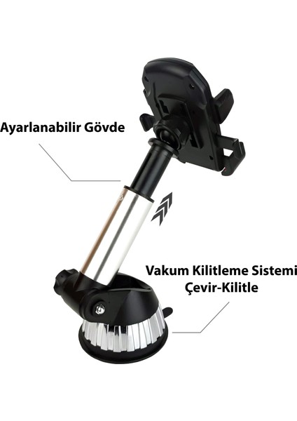 Vakumlu 360° Rotasyon Ayarlanabilir Gövde Araç İçi Telefon Tutucu modelleri