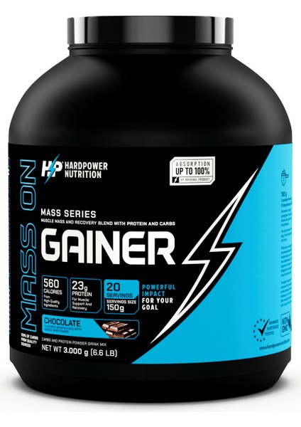 Hardpower Nutrition Gainer 3.000 g Kilo ve Kas Yapılanmasına Yardımcı Karbonhidrat Tozu (Çikolata Aromalı)