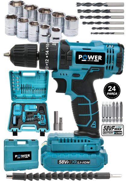 Power Black Pro-Xxc-Line Germany Technology Çift Akülü Şarjlı Matkap 24 Parça 58 Vf 5 Ah Powerblack