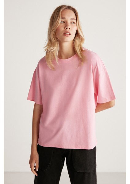 Jemmy Kadın Basic Süprem Dokuma Relaxed %100 Organik Pamuk Açık Pembe T-shirt