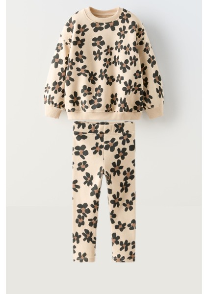 Yeni Sezon Kız Çocuk Çiçek Baskılı Pamuklu Sweatshirt ve Fitilli Taytlı Takım