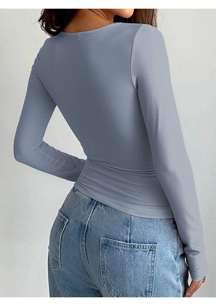 Buz Mavi Bisiklet Yaka Bluz Darkalıp Ribana Kumaş Darkalıp Spor Body fiyatları