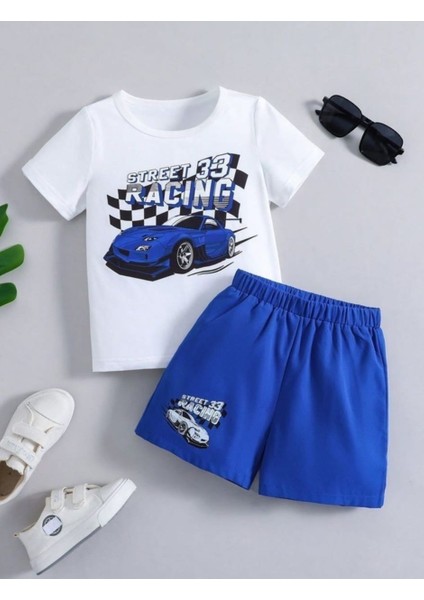 Punıx Kids Özel Tasarım Racıng Mavi Araba Baskılı Erkek Çocuk T-Shırt Şort Takımı
