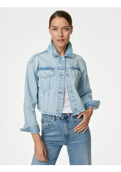 Saf Pamuklu Crop Denim Ceket