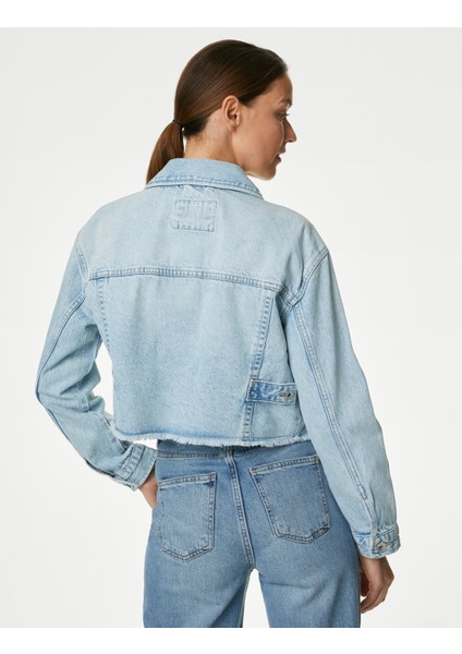 Saf Pamuklu Crop Denim Ceket