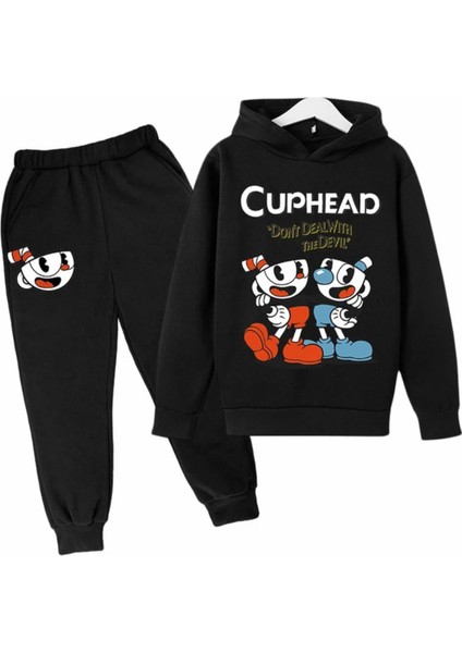Punıx Kids Özel Üretim Cuphead Baskılı Kapüşonlu Şardonlu Kışlık Erkek Çocuk Eşofman Takımı