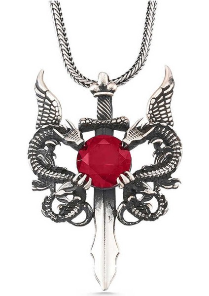 925 Ayar Gümüş Kırmızı Taşlı Ejderha Erkek Kılıç Kolye