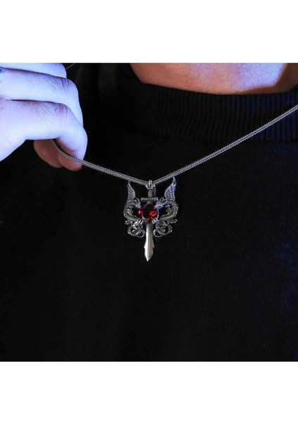 925 Ayar Gümüş Kırmızı Taşlı Ejderha Erkek Kılıç Kolye fiyatları