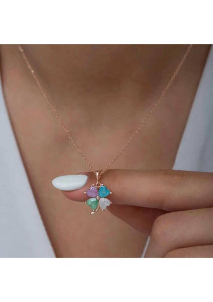 925 Ayar Gümüş Rose Renkli Taşlı Kalp Yonca Kadın Kolye