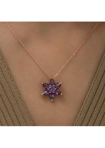 925 Ayar Gümüş Rose Mor Çiçek Kolye