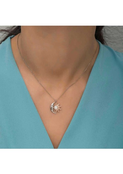 925 Ayar Gümüş Opal Beyaz Taşlı Ay Güneş Kadın Kolye
