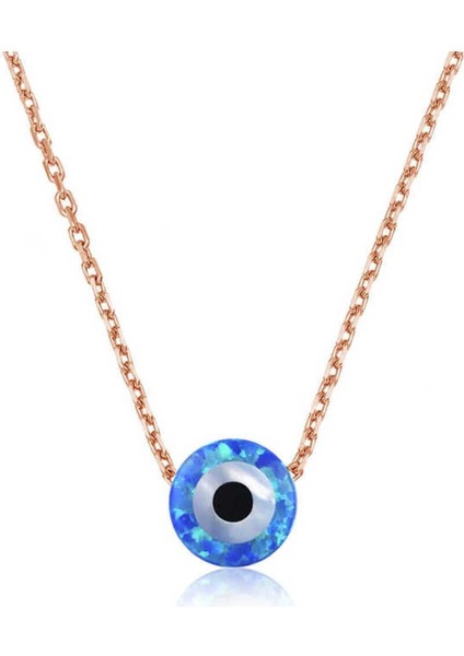 925 Ayar Gümüş Rose Mavi Opal Taş Nazar Göz Kolye
