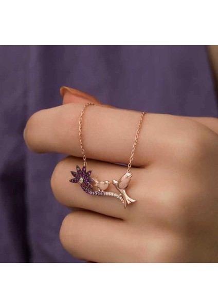925 Ayar Gümüş Rose Anne ve Yavru Kuş Kadın Kolye