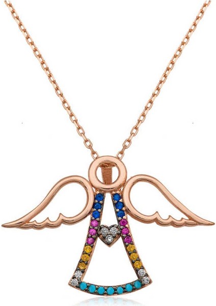 925 Ayar Gümüş Rose Kalpli Melek Kadın Kolye