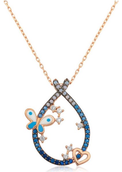 925 Ayar Gümüş Kalpli ve Kelebekli Damla Kolye