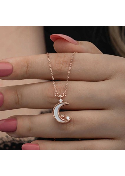925 Ayar Gümüş Rose Ay Yıldız Kadın Kolye