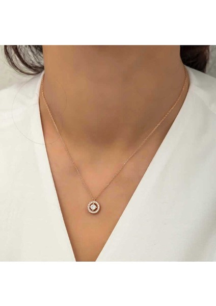 925 Ayar Gümüş Rose Minimal Yuvarlak Tektaş Kadın Kolye