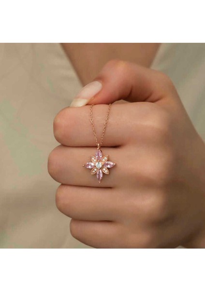 925 Ayar Gümüş Rose Pembe Taşlı Umut Çiçeği Kolye