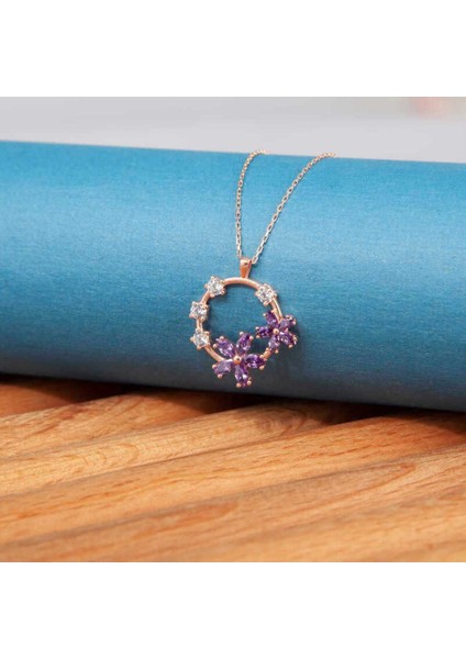 925 Ayar Gümüş Rose Mor Çiçek Kadın Kolye