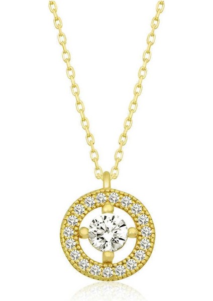 925 Ayar Gümüş Gold Minimal Yuvarlak Tektaş Kadın Kolye